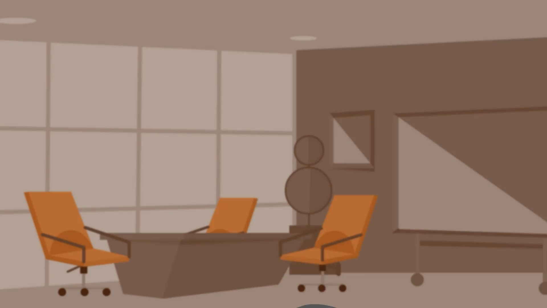 Modern office with a brown desk, three orange swivel chairs, and a large window wall.