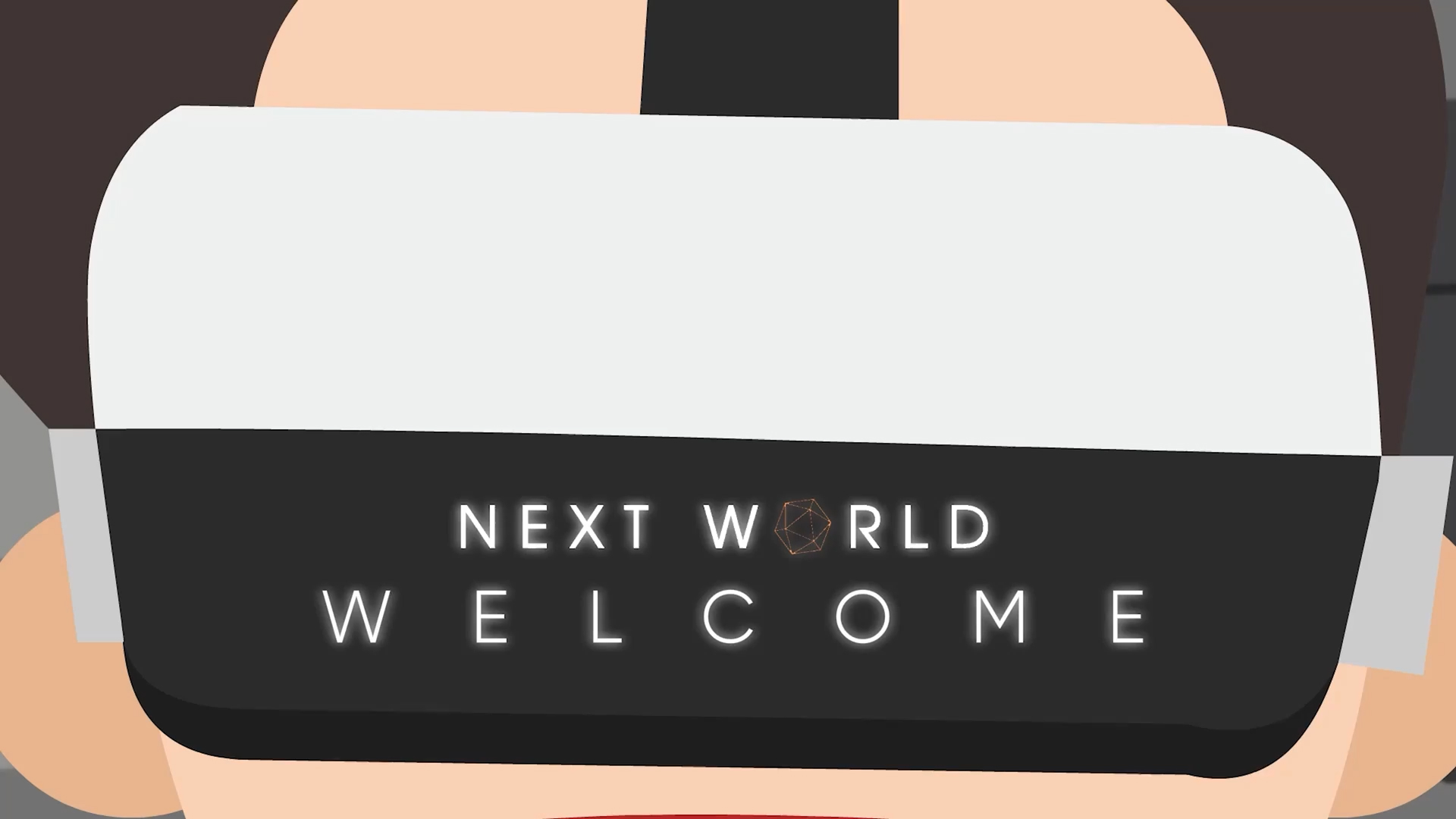 Animation of a person wearing a virtual reality headset displaying the words 'NEXT WORLD WELCOME'.