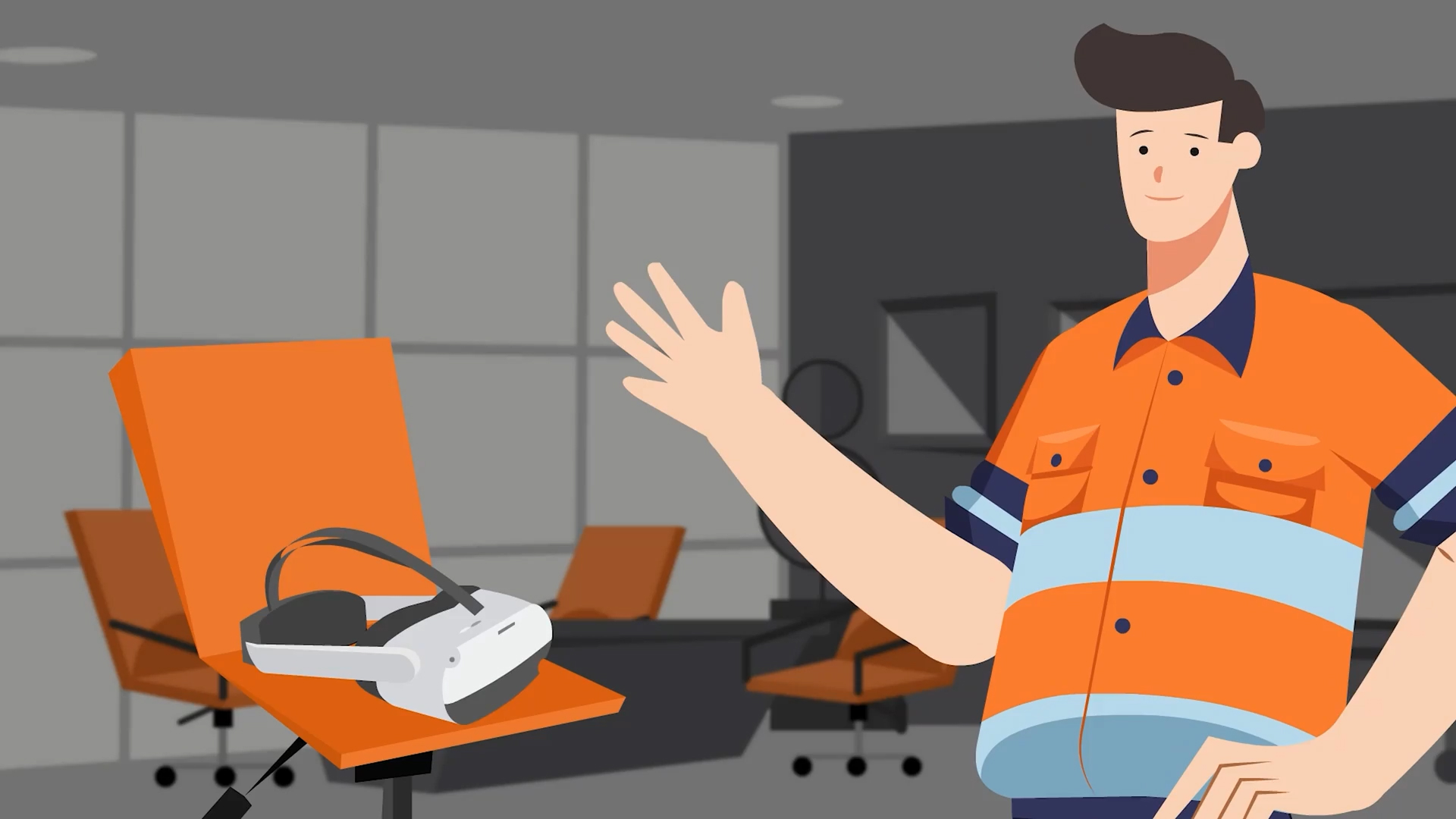 Illustration of a man in an orange safety shirt beside an orange office chair holding a virtual reality headset.