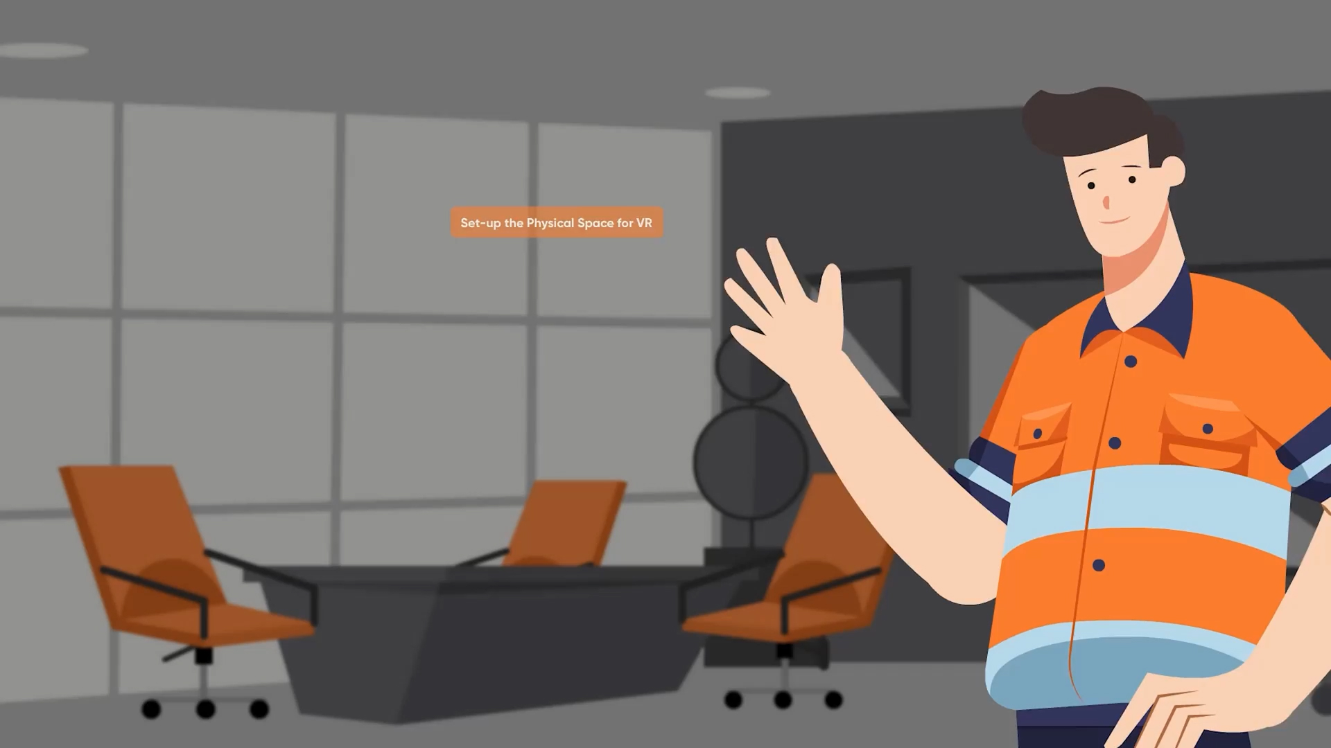 Illustration of a man in an orange safety shirt waving in a modern office with two orange chairs and a conference table.