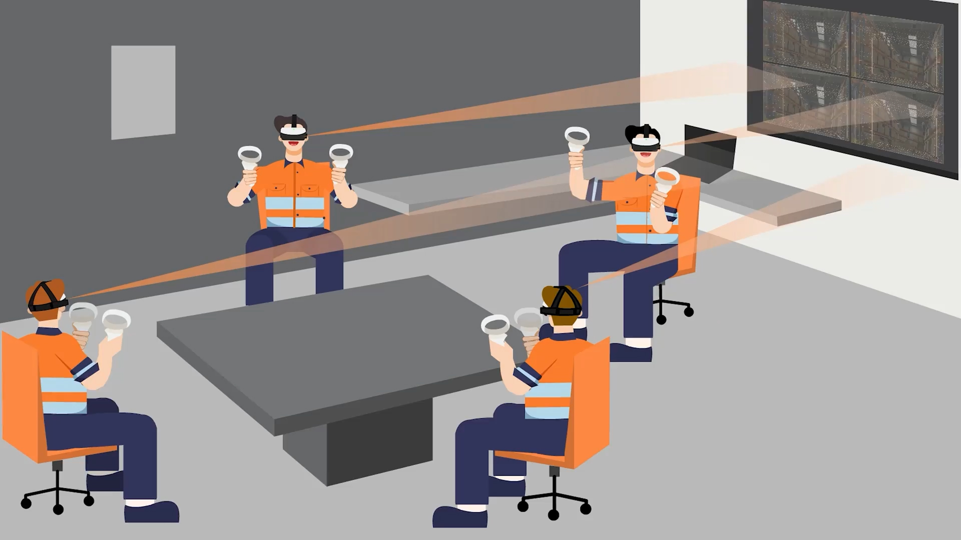 Four workers sitting around a table wearing virtual reality headsets and holding controllers, with their VR views projected on a screen in a room.
