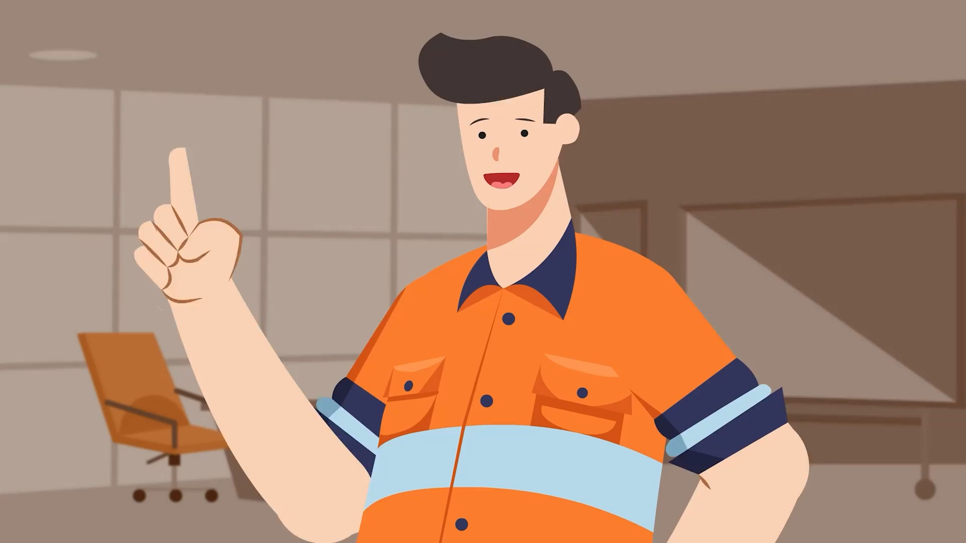 Animated man wearing an orange safety shirt with reflective stripes, raising his index finger inside an office.