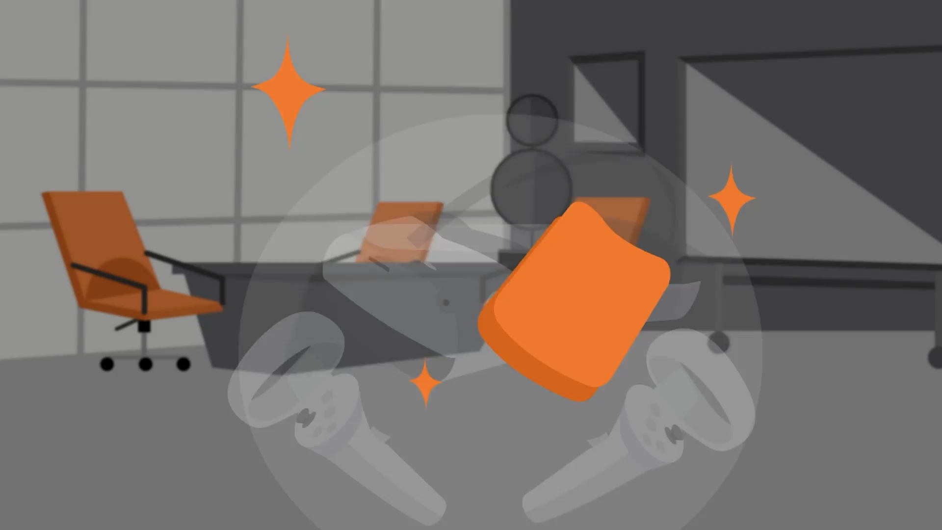 Illustration of a modern office with orange chairs and a desk, overlaid with floating earbuds and cleaning wipes symbols.
