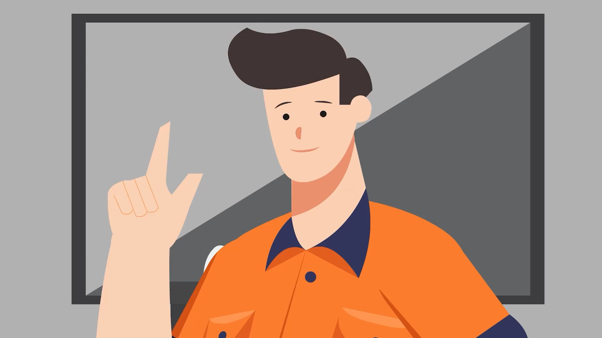 Cartoon man with dark hair wearing an orange shirt with navy collar, raising his left hand with index finger pointing up.