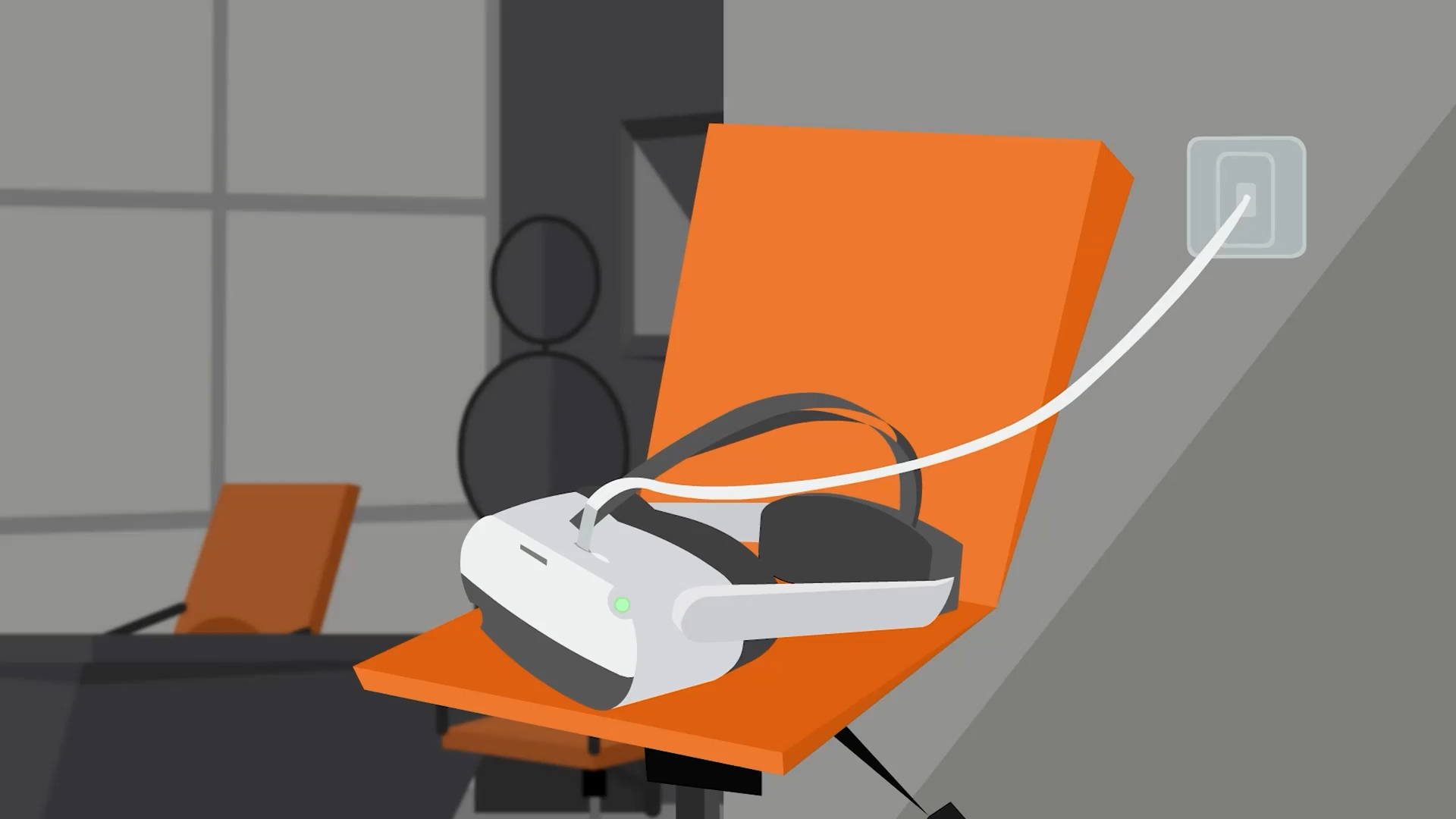Virtual reality headset plugged into a wall socket, resting on an orange office chair in a modern gray room.