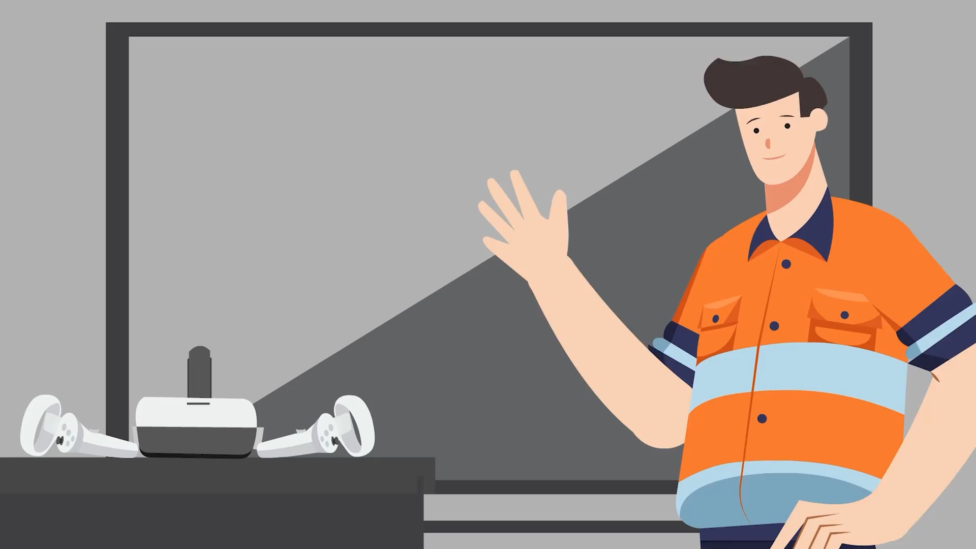 Illustration of a man in an orange safety shirt waving beside a virtual reality headset and controllers on a table.