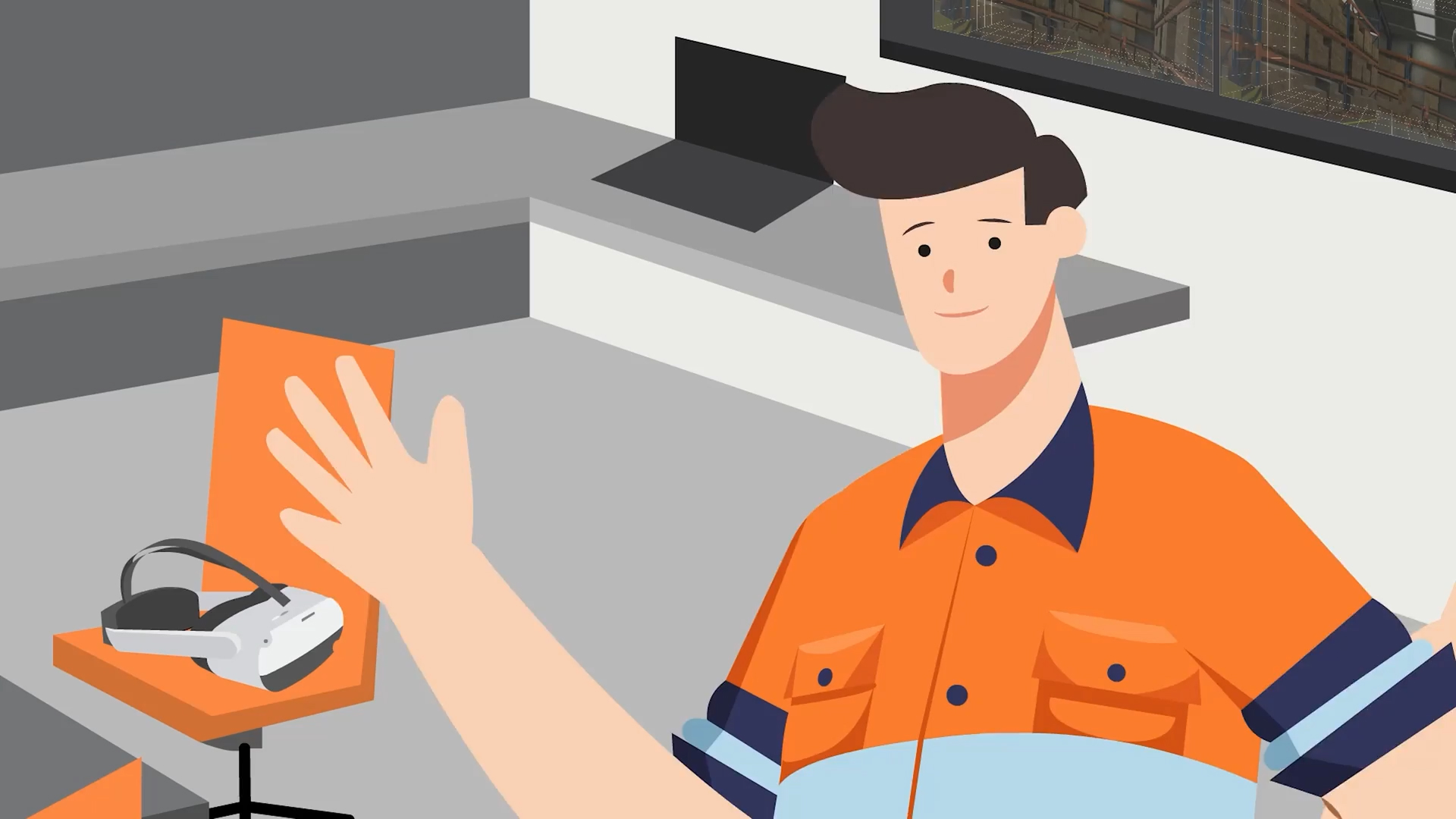 Illustration of a smiling man in an orange shirt waving in a modern room with a VR headset on an orange chair.