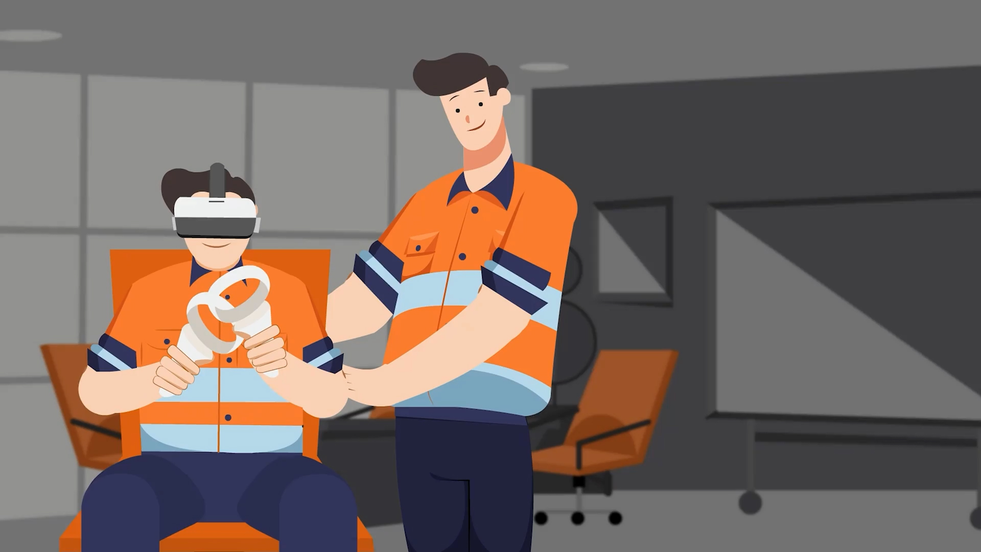 Two men in orange safety uniforms in an office, one sitting wearing a VR headset holding controllers, the other standing and guiding him.