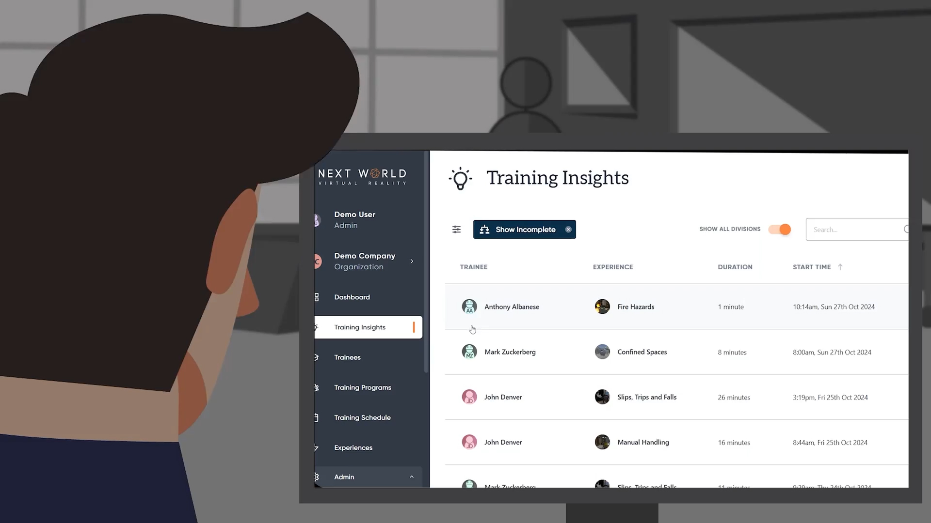 Person looking at a computer screen displaying a dashboard titled Training Insights with a list of trainees, their experiences, training durations, and start times.