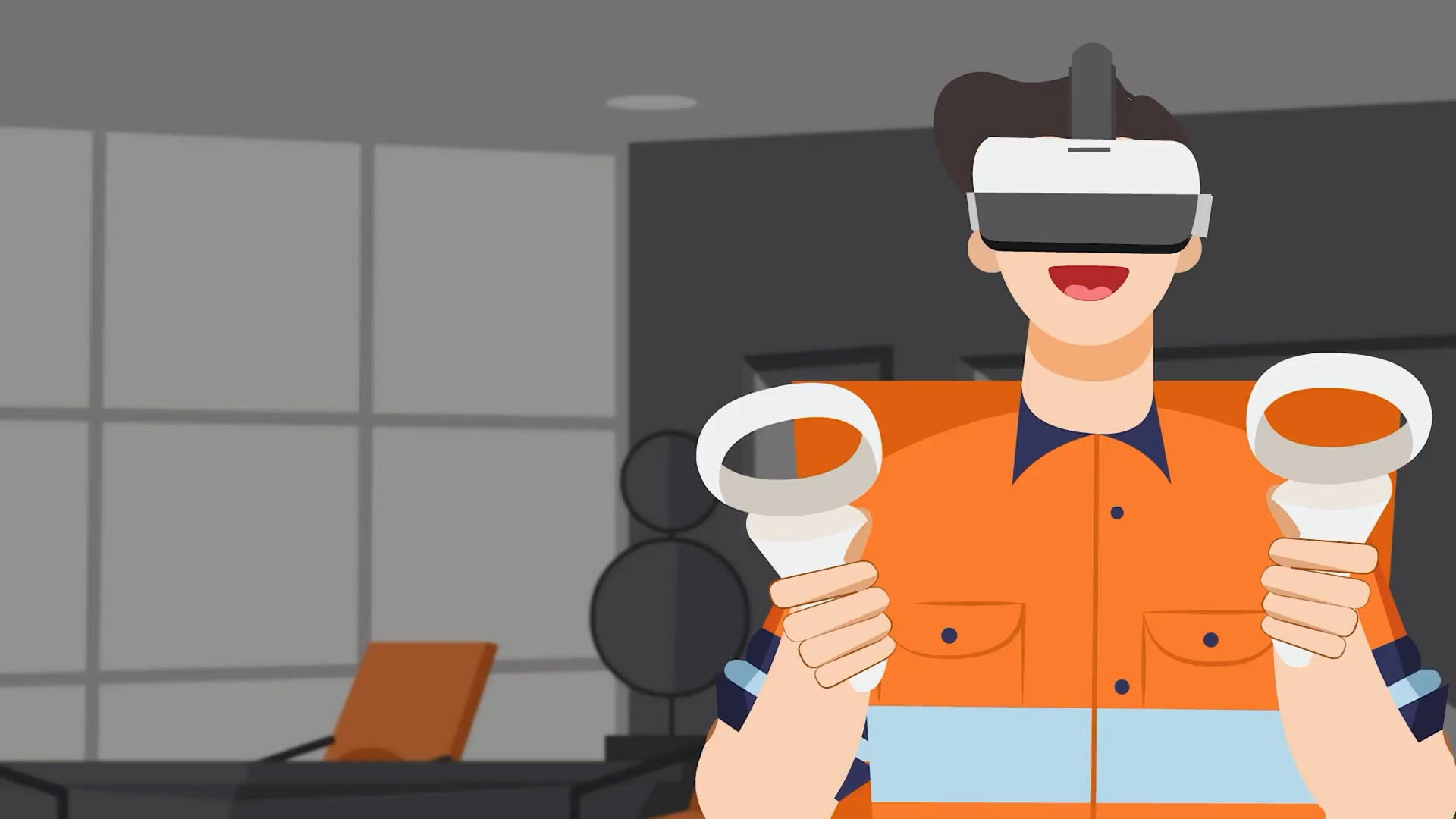Illustration of a person wearing a VR headset and holding two VR controllers, smiling in an indoor setting.