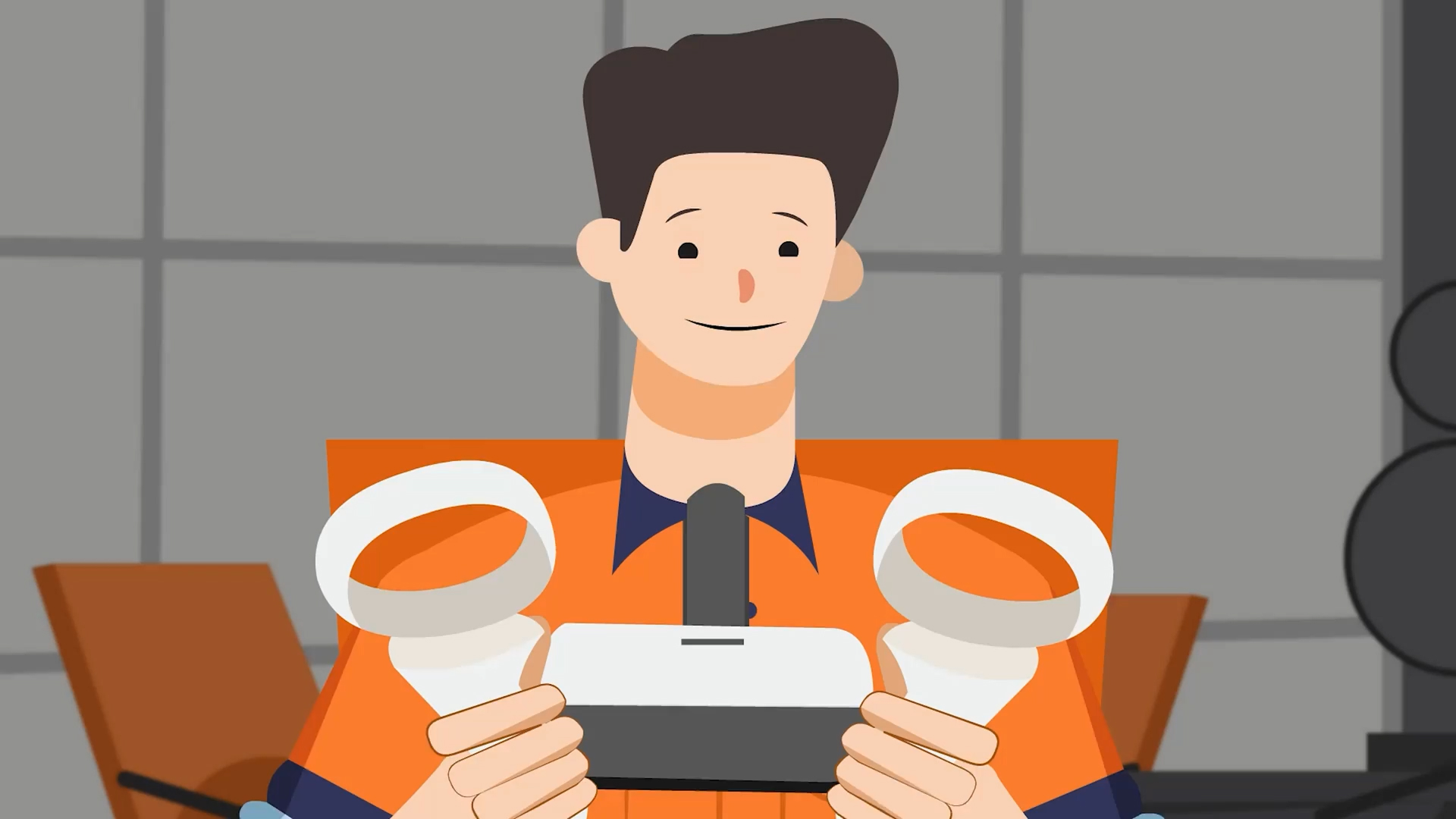 Cartoon person holding a virtual reality controller with two rings in an indoor setting.