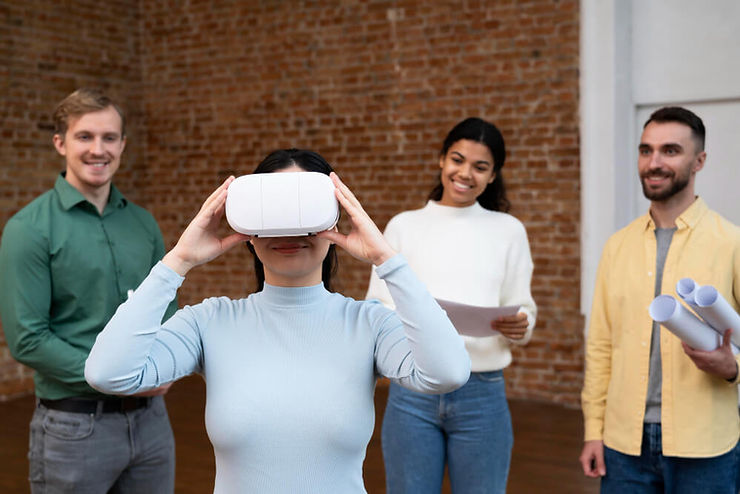 A woman wearing a virtual reality headset is surrounded by a group of people observing her immersive experience.