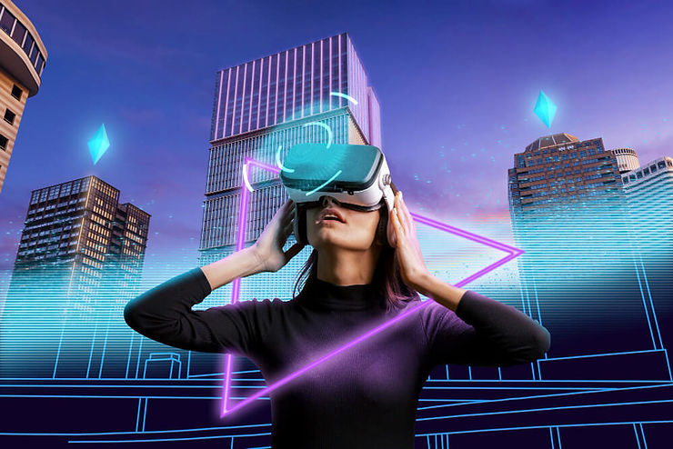 A woman with a virtual reality headset, engaged in an immersive experience, set against a vibrant city skyline.