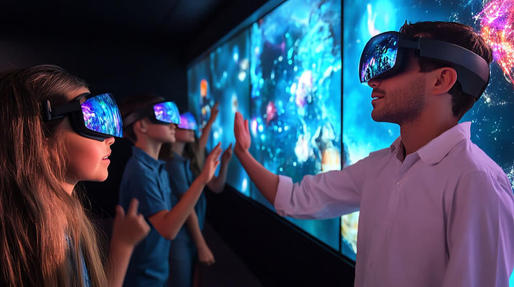 A man and woman don virtual reality glasses, fully engaged in an interactive digital experience, showcasing modern technology.