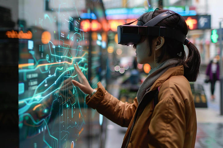 A woman on a city street is immersed in a virtual reality experience, wearing a VR headset and exploring her surroundings.