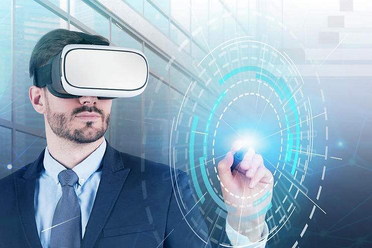 A suited man engages with a virtual reality device, illustrating the intersection of business and innovative technology.
