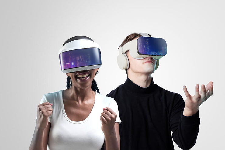 Two users experiencing virtual reality, each equipped with a headset, exploring a virtual world together.