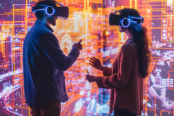 A couple engages with virtual reality, each wearing modern headsets that transport them to a digital world.
