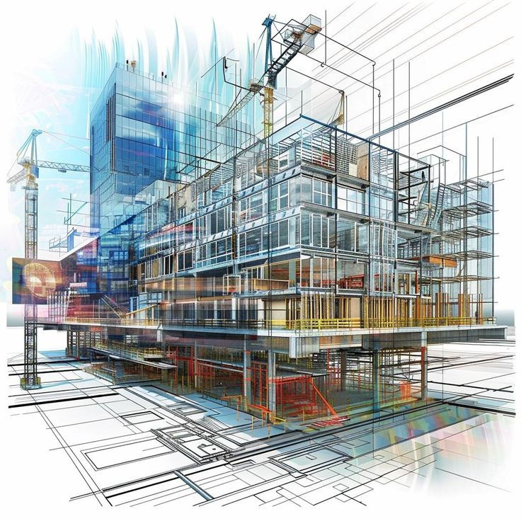 Architectural rendering showcasing a building under construction, highlighting structural details and design elements.