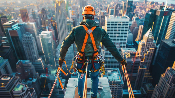 A safety-equipped man stands at the building's edge, demonstrating caution and professionalism in a construction environment.