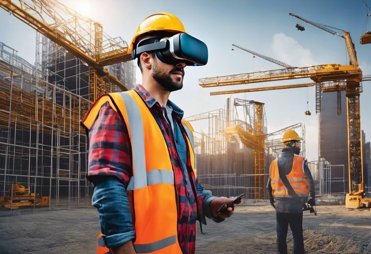 A man in a VR headset stands before construction workers, engaging with virtual technology on a job site.
