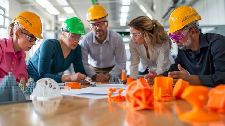A team of individuals wearing hard hats and safety glasses collaborates on a 3D printed model in a construction setting.