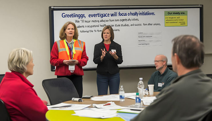 A woman delivers a presentation to an attentive group, showcasing her ideas in a professional setting with visual aids.