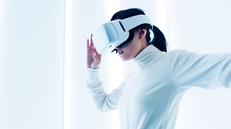 A woman dressed in a white shirt is poised with a virtual reality headset, preparing for an engaging virtual adventure.