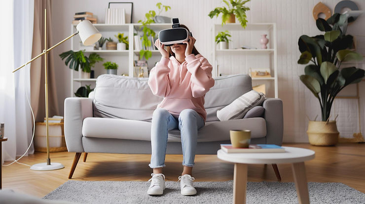 A woman relaxing on a couch, fully engaged in a virtual reality world while wearing a VR headset.