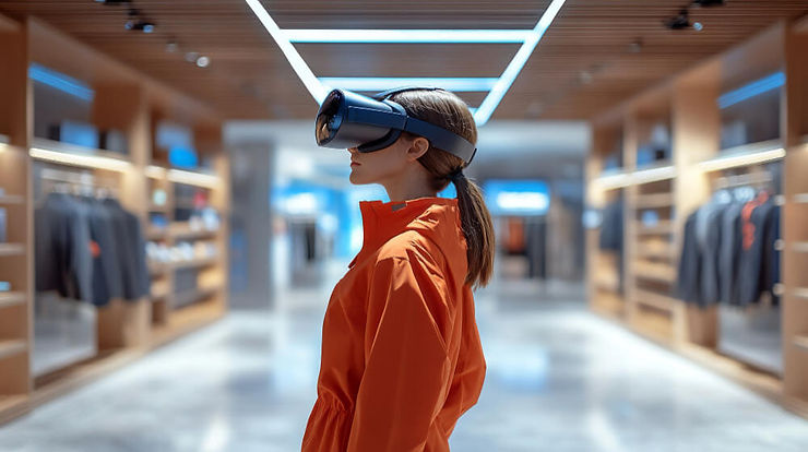 A woman in a store experiences virtual reality through a headset, immersed in a digital world around her.