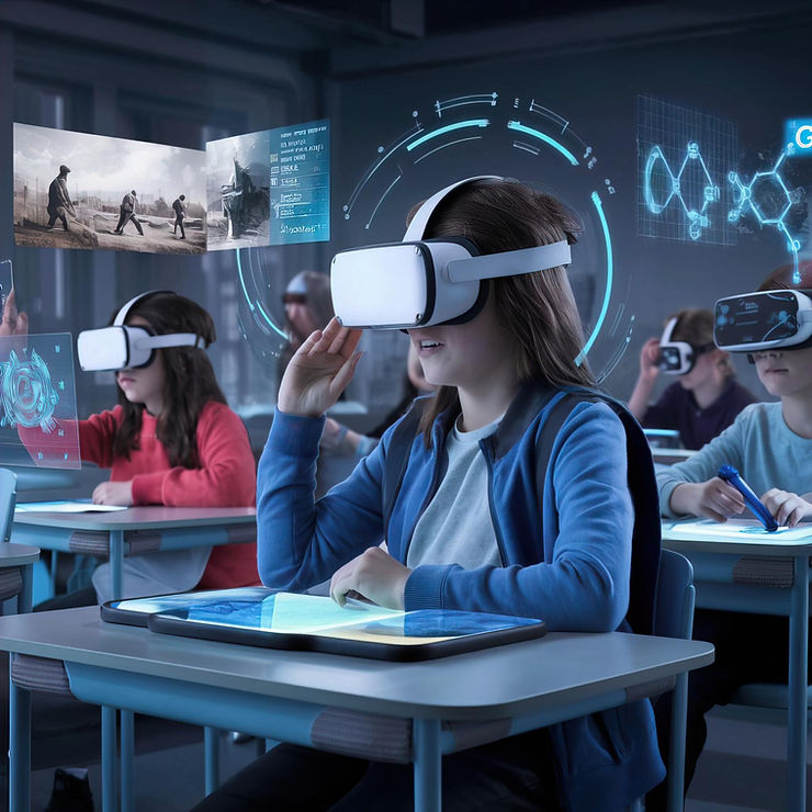 A diverse group of children using virtual reality glasses, experiencing interactive content and sharing moments of wonder.