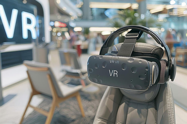 A VR headset rests on a chair in a bustling shopping mall, showcasing modern technology in a retail environment.