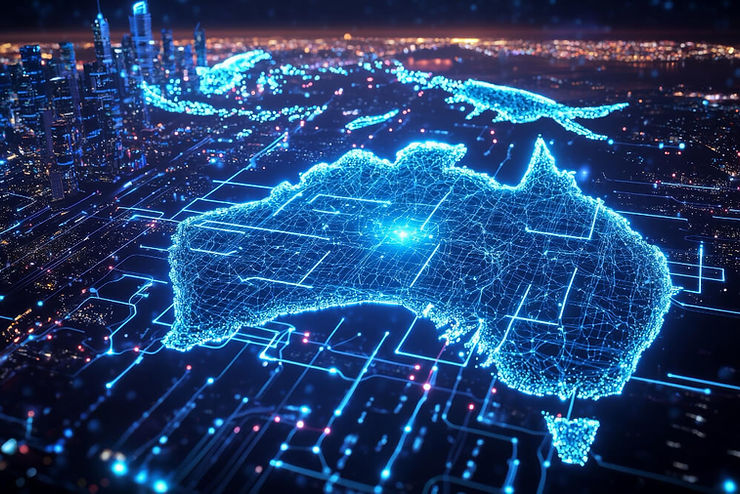 A futuristic skyline of Australia, showcasing advanced technology and digital innovation shaping the nation's future.