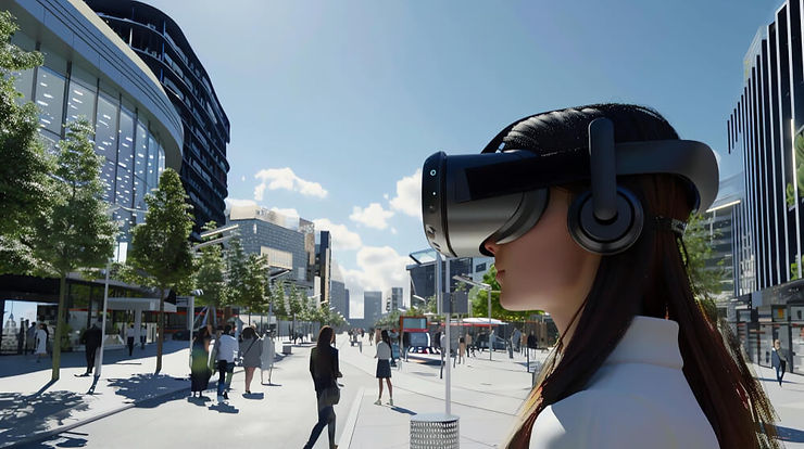 A man offers a virtual reality headset to a woman, highlighting the excitement of virtual experiences together.