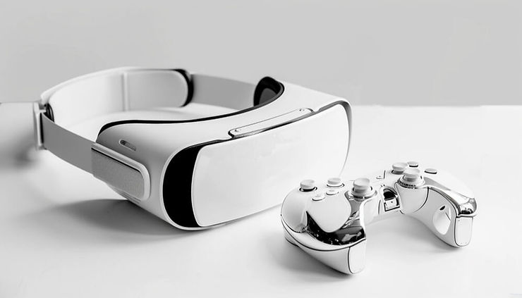 A white virtual reality headset alongside a matching controller, showcasing modern gaming technology and immersive experiences.
