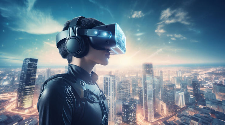 A woman wearing a VR headset stands before a vibrant city skyline, immersed in a virtual experience.