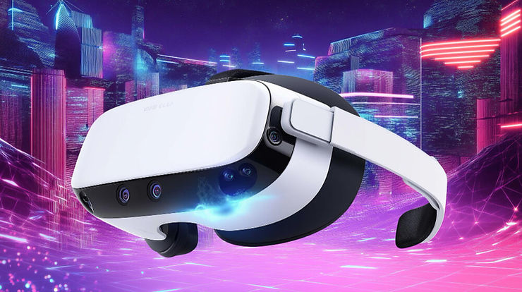 A sleek virtual reality headset in the foreground, set against a bustling cityscape, highlighting the fusion of technology and urban life.
