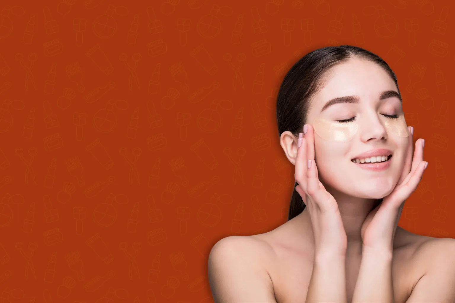Smiling woman with eye patches on her cheeks gently touching her face against an orange background with cosmetic icons.