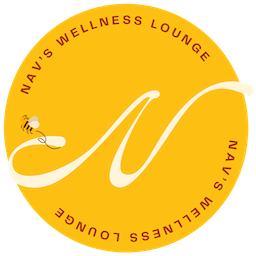 Circular yellow logo with a large white letter 'N,' a small bee illustration, and the text 'NAV'S WELLNESS LOUNGE' curved around the edge.