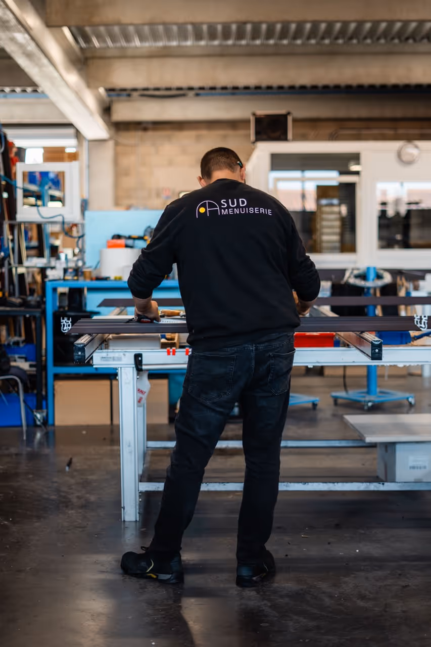 Un homme devant un établis d'assemblage de chassis de fenêtre blanc
