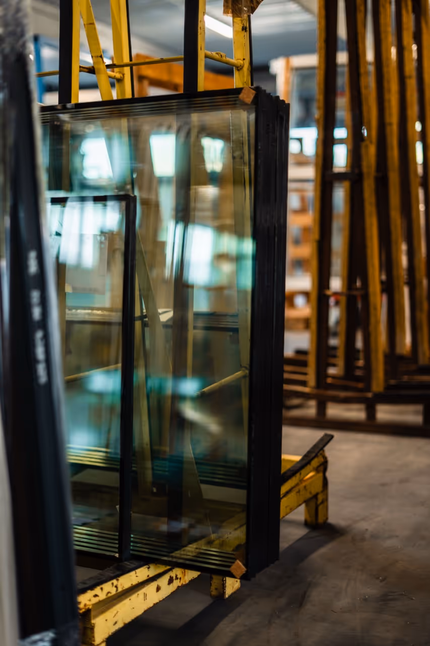 Chassis de fenêtre noir avec vitrage posé sur une zone de rangement vertical