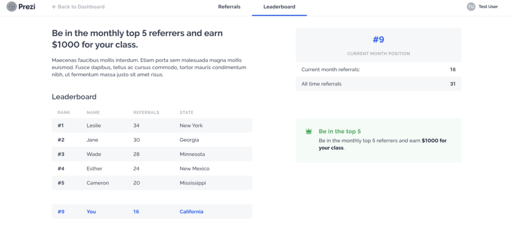 Prezi's great referral program with leaderboard