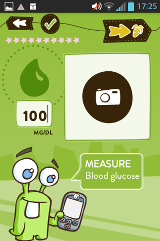 Screenshot of the MySugr JR app interface, designed for children with diabetes.