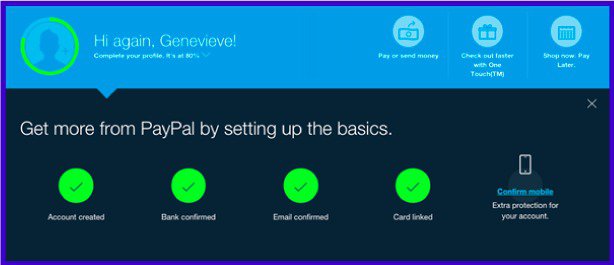 PayPal onboarding checklist showing endowed progress effect.