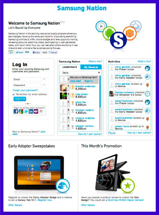 Samsung Nation website demonstrating gamified challenges and badges for user engagement.