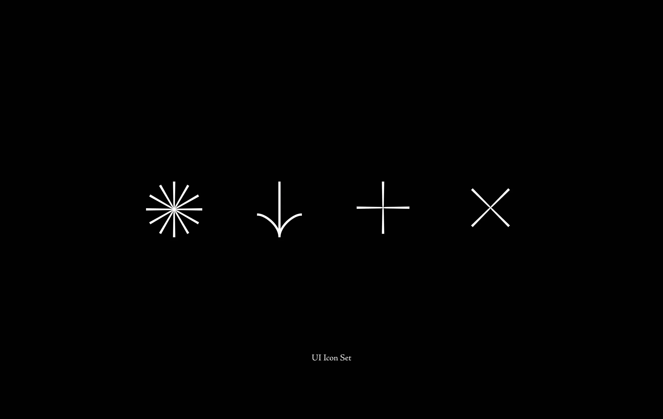 Four white UI icons on black background: a multi-spoke starburst, a downward arrow with curved lines, a plus sign, and an X symbol, with the text 'UI Icon Set' beneath.