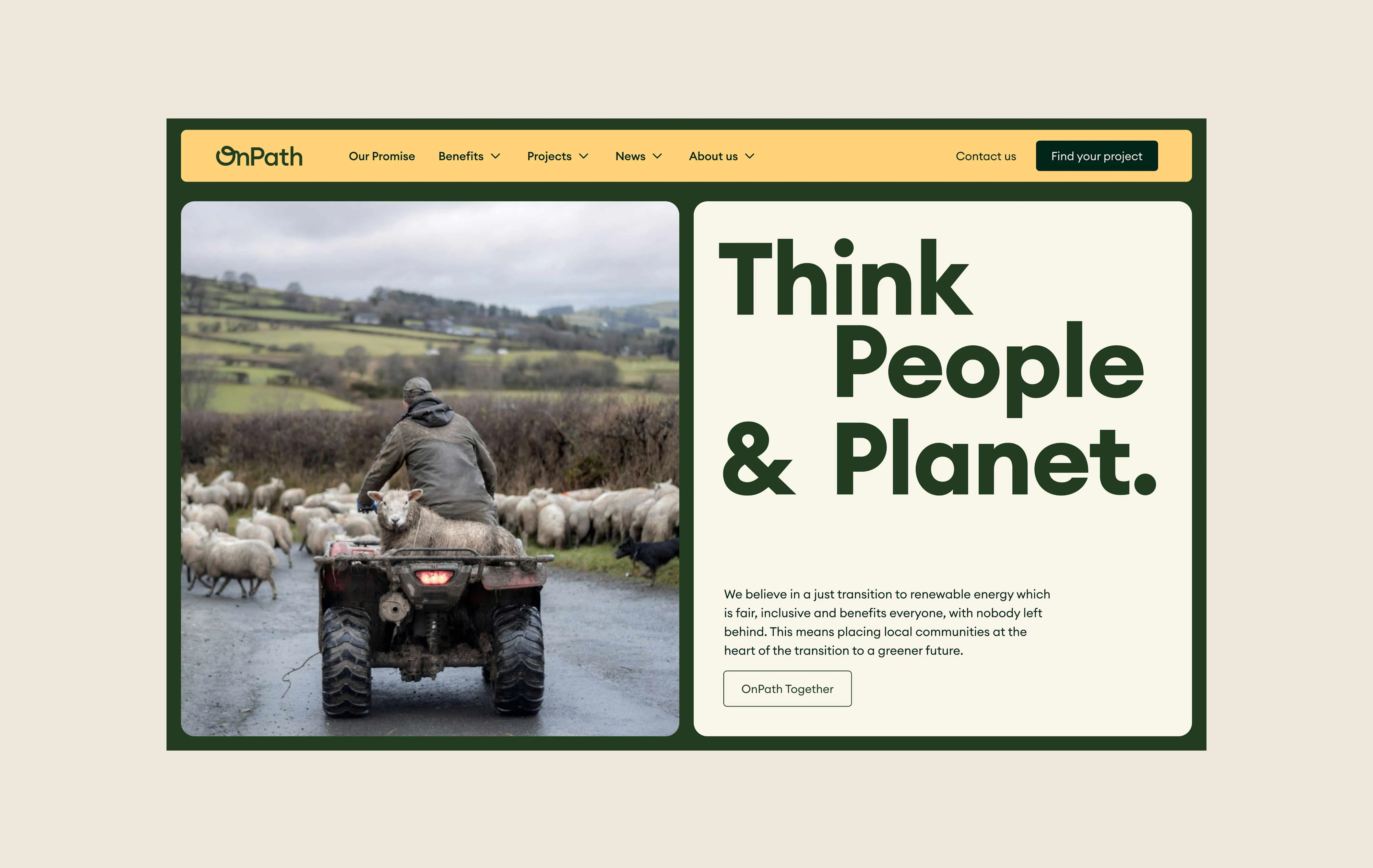 Person riding an ATV on a rural road surrounded by sheep, with rolling green hills in the background, alongside text reading 'Think People & Planet.'