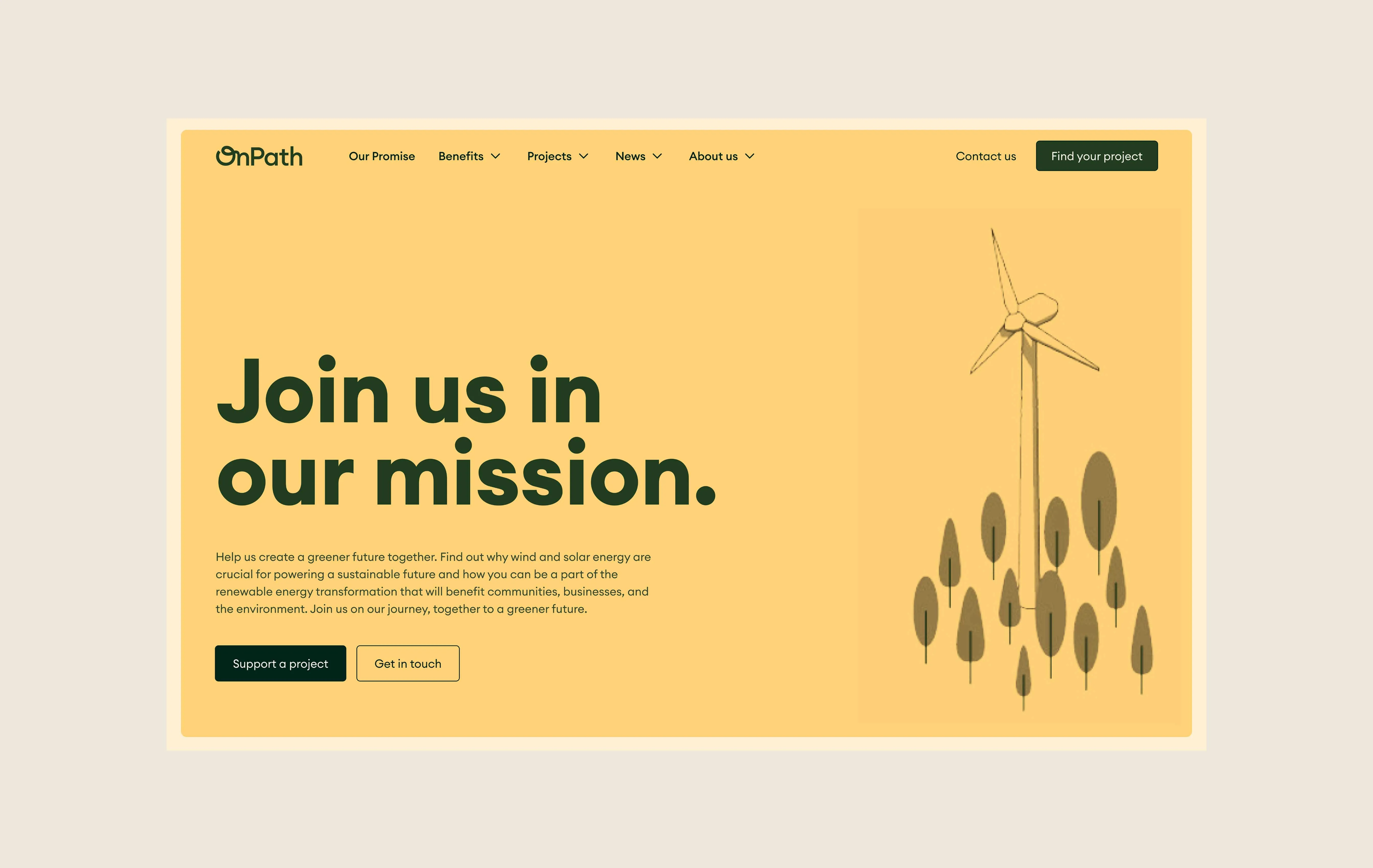 Website homepage with green text 'Join us in our mission' and a graphic of a wind turbine surrounded by trees on a yellow background.