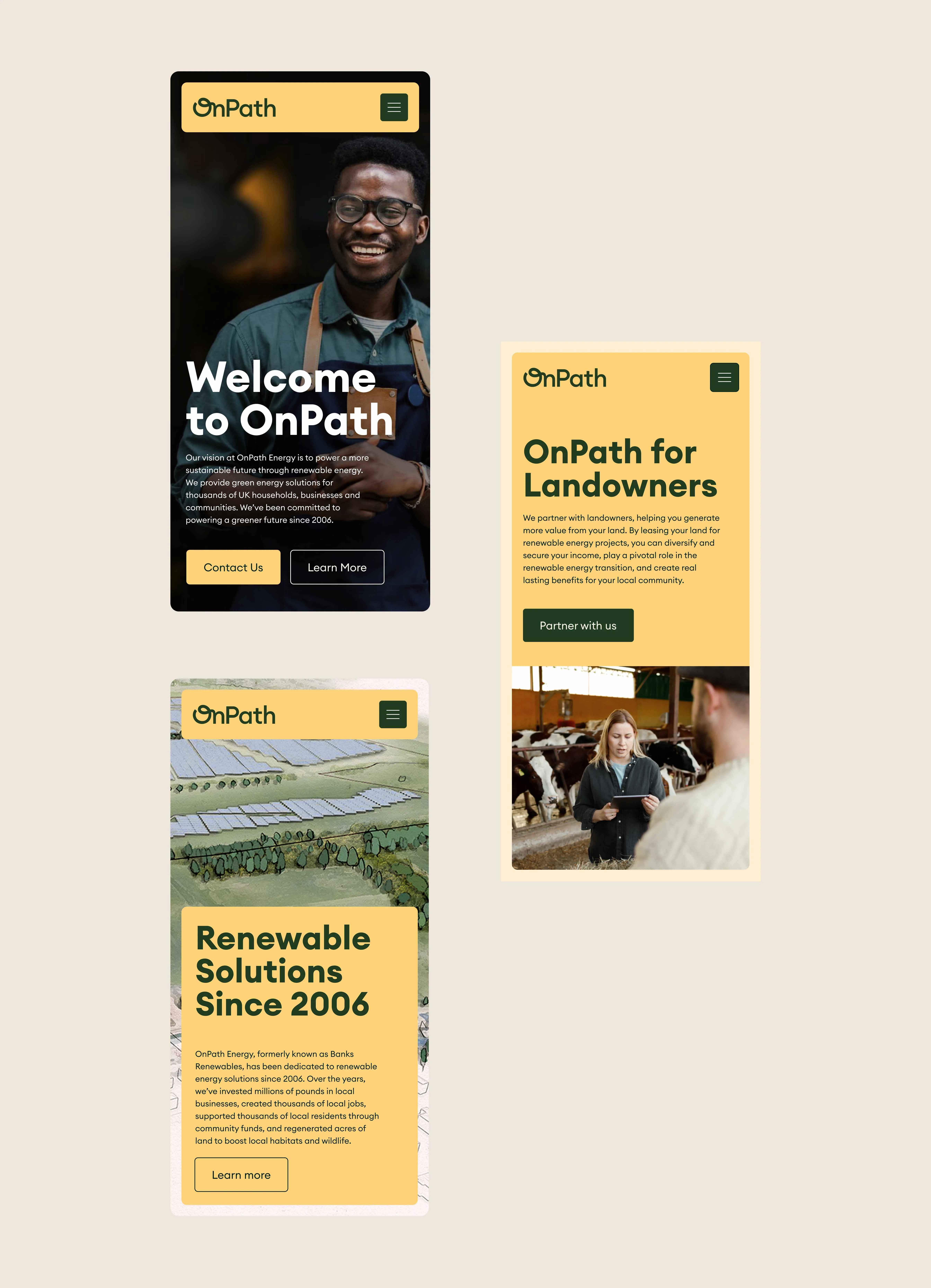 Three mobile screens showing a green energy company's homepage with a smiling man, renewable solutions with solar panels illustration, and a persona page for Landowners with a woman in a barn.