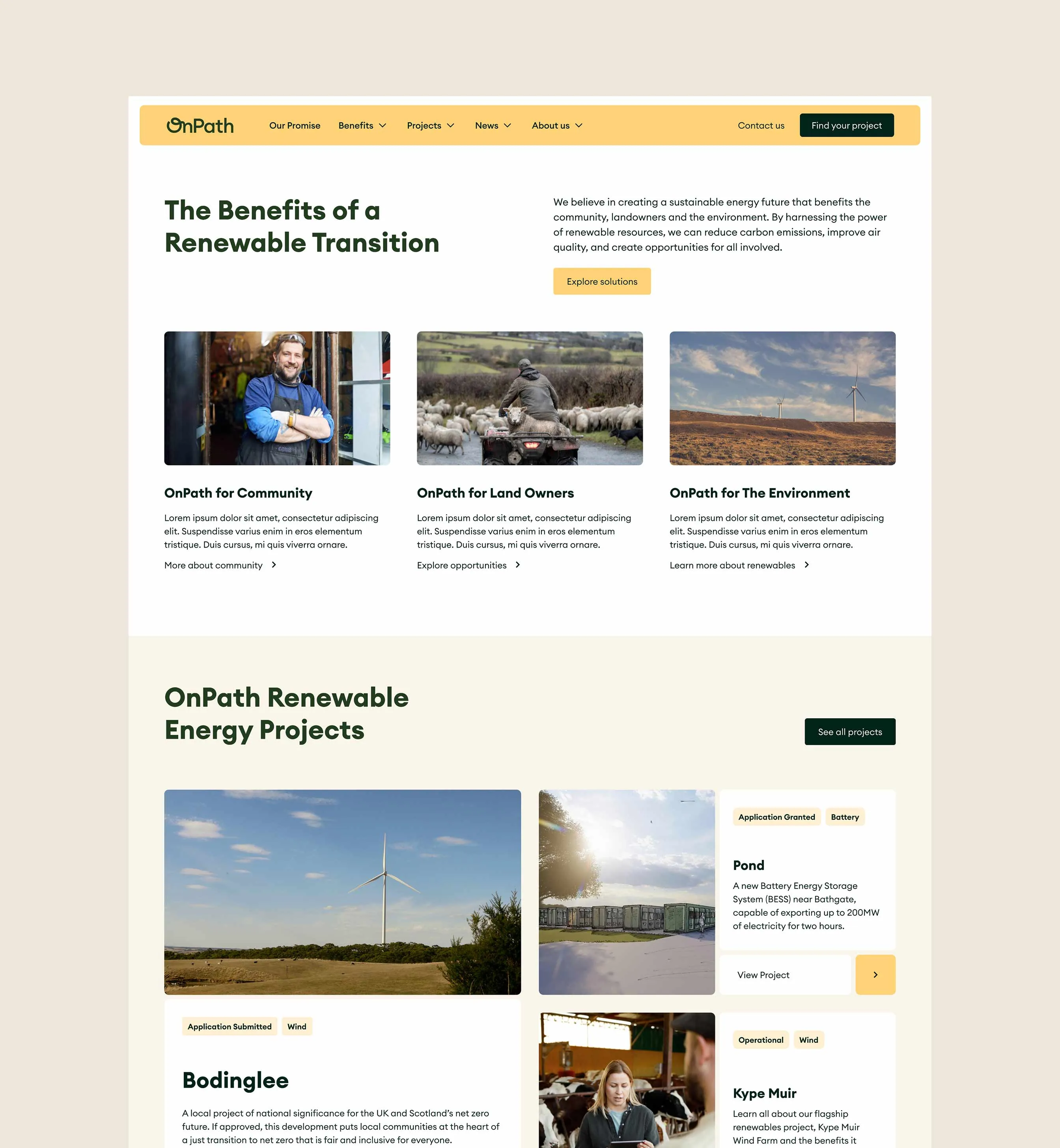 Editorial webpage section highlighting benefits of renewable transition with images of a smiling man, a person herding sheep on an ATV, and wind turbines, followed by renewable energy projects featuring wind turbines, a battery storage system, and a farm.